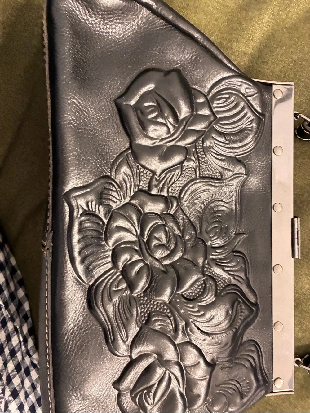 VTG PATRICIA NASH Black Rose Tooled Leather Ferrara Framed Purse Satchel EUC!
